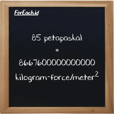 85 petapaskal setara dengan 8667600000000000 kilogram-force/meter<sup>2</sup> (85 PPa setara dengan 8667600000000000 kgf/m<sup>2</sup>)
